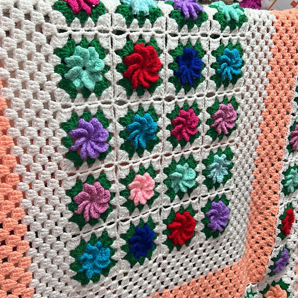 Throw Floral Knitted Handmade Crafted 46 x43